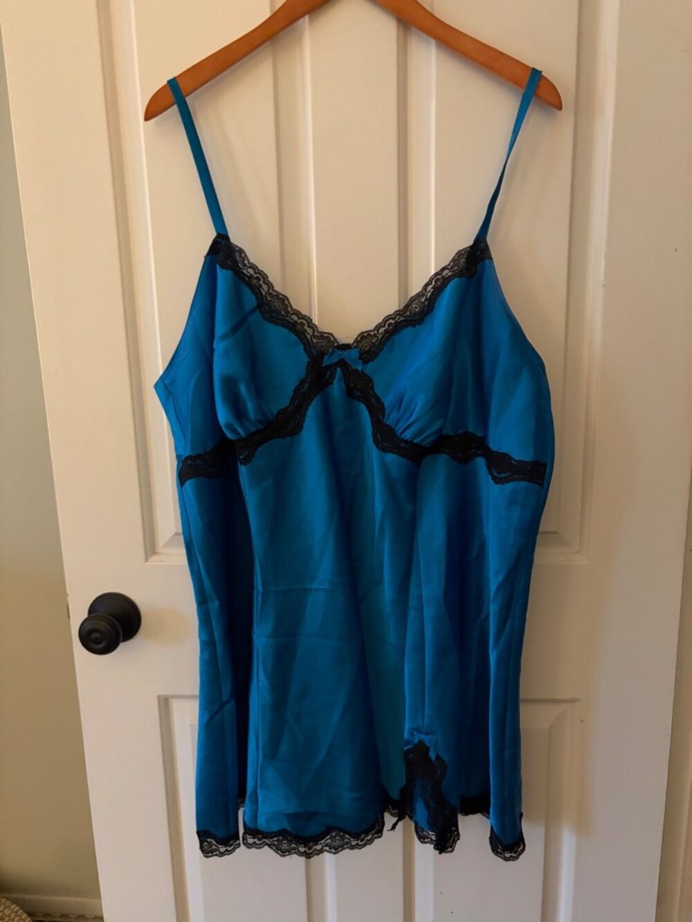 Lane Bryant Cacique Blue & Black Lace Satin Chemise Nightgown Size 22/24 Adjusta
